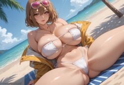 ai_generated alternate_version_at_source anis_(nikke) beach big_breasts big_butt bikini bikini_top breasts goddess_of_victory:_nikke hypet outdoors shiny shiny_skin short_hair sitting solo spread_legs tagme thick thick_ass thick_legs thick_thighs thigh_highs thighhighs thighs