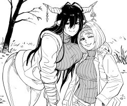 2022 2girls ahoge alternate_height arm_around_shoulder bandages bb_(baalbuddy) breasts clothing danua djeeta djeeta_(granblue_fantasy) draph draph_race_(granblue_fantasy) ear embracing female granblue_fantasy greyscale hair_between_eyes hairband headwear high_resolution horn_ornament horns hug jacket large_breasts long_hair looking_at_viewer monochrome multiple_females multiple_girls one_eye_closed pants pointed_ears ribbed ribbed_sweater short_hair simple_background smile sweater tagme tree turtleneck turtleneck_sweater very_high_resolution white_background