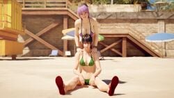 2girls alluring ayane_(doa) beach big_breasts bikini black_and_red_and_purple_hair chrissy_tee cleavage crossover dead_or_alive kunimitsu_ii kunoichi lavender_eyes lavender_hair namco silf tecmo tekken watermelon_bikini