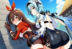 2girls ai_generated amber_(genshin_impact) ass ass_focus ass_grab backless_outfit bent_over blush clothing eula_(genshin_impact) genshin_impact happy huge_ass leaning_on_wall looking_at_viewer outdoors shiny_skin shorts