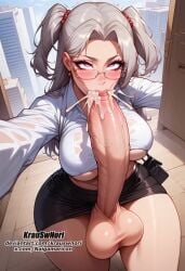 ai_generated autofellatio cumdrip futa_focus futa_only futanari huge_ass huge_balls huge_breasts huge_butt huge_cock krauswnori musashi_(kantai_collection) office_lady