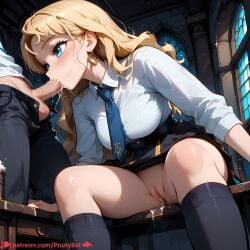 1girls ai_generated blonde_female blonde_hair blowjob blowjob_face blue_eyes bookshelf cum cum_dripping_out_of_pussy cum_in_pussy female from_below harry_potter hogwarts library long_hair luna_lovegood necktie poutybat pussy pussy_juice school school_uniform silver_eyes skirt socks student sucking sucking_penis wavy_hair white_shirt white_skin white_skinned_female