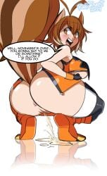 1girls anus ass blazblue bottomless bottomless_female crouch crouching dialogue looking_at_viewer makoto_nanaya no_panties peeing pubic_hair pussy radlionheart speech_bubble squatted squatting squatting_female squirrel_tail talking_to_viewer urinating_female urine_pool urine_stream