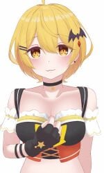 animated blonde_hair breasts choker eka_kinoko gloves hair_ornament hololive medium_breasts nipples short_hair titty_drop vampire virtual_youtuber yellow_eyes yozora_mel