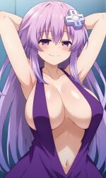 1girls ai_generated arms_behind_head d-pad_hair_ornament large_breasts long_hair navel nepgear neptunia_(series) no_bra plunging_neckline purple_dress revealing_clothes smirk