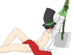 1boy axe black_hair boa_(clothing) bondage convenient_censoring dr_seuss feather_boa greed-ler green_eyes male male_only necktie once-ler open_clothes sharp_teeth sideburns solo the_lorax tickling_penis tied_up top_hat transparent_background