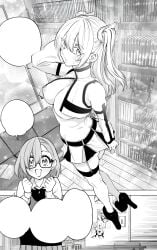 2.5_jigen_no_ririsa abe_marina amano_ririsa bare_belly bare_shoulders black_and_white blush breasts cosplay detached_sleeves garter_straps glasses hashimoto_yuu high_heels huge_breasts indoors liliel_(cosplay) long_hair long_sleeves manga nipples official_art open_jacket open_mouth parted_lips school_uniform short_hair skirt skirt_pull smile sweatdrop thick_thighs thighhighs thighs twintails zettai_ryouiki