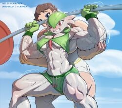 2girls abs alternate_muscle_size diantha_(pokemon) gardevoir muscular_female pokemon porirompa weightlifting