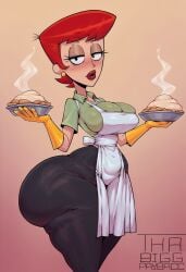 ai_generated apron bottom_heavy dexter's_laboratory dexter's_mom huge_ass milf non-nude red_hair thabiggpaybacc thin_waist tight_clothing yellow_gloves