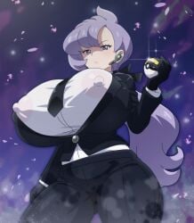 2025 anabel_(pokemon) anabel_(pokemon_sm) artist_request big_breasts huge_breasts necktie nipples_visible_through_clothing pokemon pokemon_sm purple_eyes purple_hair tagme thick_thighs