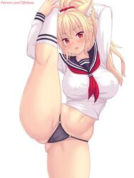 1girls 2021 belly_button black_panties blonde_hair blush cat_ears catgirl erect_nipples erect_nipples_under_clothes female female_focus female_only hips kneesocks leg_hold_pose long_hair long_ponytail midriff navel no_pants one_leg_up panties ponytail red_eyes sailor_uniform simple_background slim_waist slit_pupils standing_split thick_thighs thighs thong tiffy tiffynyaa vertical_splits white_background wide_hips