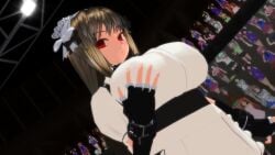 arena audience belt_accessory belt_buckle boko877 feeling_chest female huge_breasts intimidation large_breasts maid maid_headdress mmd neutral_expression neutral_mask red_eyes sherri sherri_(ufg) sherri_(ultimate_fighting_girl) stadium touching_breast