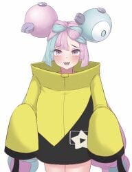 animated blue_hair breasts commando eka_kinoko gradient_eyes hair_ornament iono_(pokemon) large_breasts long_hair nipples nude pink_hair pokemon pokemon_sv purple_eyes pussy sharp_teeth smile two-tone_hair undressing wardrobe_malfunction