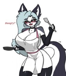 anthro apron big_breasts blush breasts clothing female helluva_boss legwear loona_(helluva_boss) pace-maker small_waist solo thigh_highs wide_hips