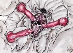 2015 ambiguous_gender bedding bedding_background black_nose bodily_fluids canid canine closed_eyes cum cum_in_mouth cum_inside cum_string dated fangs feral foursome front_view fur genital_fluids group group_sex kola_(artist) lying male male/ambiguous mammal mouth_shot on_back open_mouth sex signature solo_focus teeth white_body white_fur