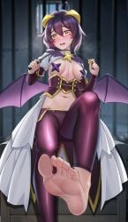 ahoge barefoot black_hair blush breasts corset feet female foot_focus foot_out_of_frame foot_up forward_facing_horns highres hiiragi_utena horns looking_at_viewer mahou_shoujo_ni_akogarete medium_breasts navel open_mouth pasties reiku09 short_hair shrug_(clothing) simple_background smile soles solo symbol-shaped_pupils toes wings yellow_eyes yellow_horns