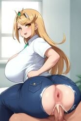 1boy 1girls ai_generated animated anus big_ass big_breasts blonde_hair bubble_butt cum cum_in_pussy donut_anus jeans mythra mythra_(xenoblade) no_sound reverse_cowgirl_position ripped_jeans tagme video xenoblade_(series)