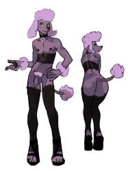 anthro ass black_nose canid canine canis claws clothed clothing collar crossdressing domestic_dog foreskin fur genitals hosiery lingerie looking_at_viewer looking_back male male_only mammal nipples pawpads penis poodle presenting presenting_hindquarters pumps purple_body purple_fur simple_background sissy solo spacedog tail