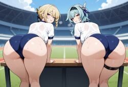 2girls after_training ai_generated ass ass_focus bending_over bent_over blush bubble_butt buruma clothing eula_(genshin_impact) evelyn_(zenless_zone_zero) fat_ass genshin_impact gym_uniform hoyoverse huge_ass indoors leaning_on_table legs looking_at_viewer outdoors shiny_skin smiling_at_viewer sports_uniform stadium steam sweat sweaty_butt thick_thighs zenless_zone_zero