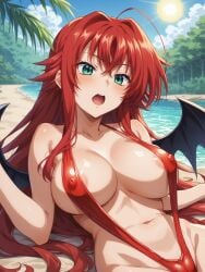 ai_assisted ai_generated beach devil green_eyes hard_nipples high_school_dxd large_breasts nipples_covered open_mouth pussy_covered red_hair rias_gremory string_bikini suprised wings