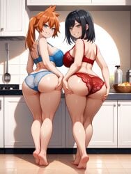 2girls ai_generated ass big_ass big_breasts black_hair blue_bra blue_panties blue_underwear breasts grabbing_own_ass grin isogil itsuka_kendou kitchen looking_at_viewer looking_back my_hero_academia orange_hair red_bra red_panties red_underwear smile yui_kodai