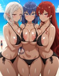 3girls ai_generated bikini breasts eris_greyrat female female_focus female_only large_breasts light-skinned_female light_skin looking_at_viewer mushoku_tensei roxy_migurdia swimsuit sylphiette_(mushoku_tensei) thighs wet wet_skin wide_hips yuukiai