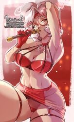 1girls absurdres arms_up bare_shoulders bra breasts choker cleavage collarbone eyeshadow eyewear_on_head female garter_belt garter_straps glasses gloves hair_ornament haysey haysey_draws highres large_breasts looking_at_viewer makeup midriff miniskirt navel nintendo panties purah red-framed_eyewear red_eyes red_eyeshadow round_eyewear sheikah short_hair skirt solo the_legend_of_zelda the_legend_of_zelda:_tears_of_the_kingdom tongue tongue_out underwear white_hair