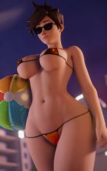 1girls 3d beach_ball big_breasts bikini blizzard_entertainment breasts brown_hair female large_breasts nipple_bulge overwatch short_hair skimpy solo string_bikini sunglasses thelittleginny tracer underboob wide_hips