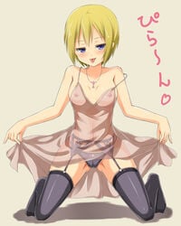 blonde_hair blue_eyes blush breasts clothing erica_hartmann female flat_chest garter_belt jewelry kneeling kuragari looking_at_viewer navel necklace nightgown nipples no_bra off_shoulder panties see-through see-through_clothing short_hair simple_background smile solo stockings strike_witches text thighhighs tongue tongue_out translation_request underwear