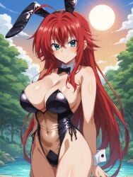 ahoge blush bowtie bunny_ears bunnysuit covered_nipples covered_pussy cuffs green_eyes high_school_dxd large_breasts red_hair rias_gremory see-through see_through smile thick_thighs