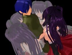 1boy 1boy4girls 4girls alf_(girl_beats_hero) auphemia black_background blue_hair boko877 breasts breasts_on_back breasts_on_penis clothed dress girl_beats_hero hallucination huge_breasts illusion large_breasts magic mmd over_clothes purple_hair ribbon_in_hair seductive seductive_eyes seductive_look seductive_pose spell surrounded_by_breasts