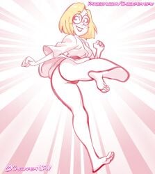 1girls 2025 ass barefoot blonde_hair blush chickpea digital_drawing_(artwork) feet female_only from_below gi glasses hong_kong_phooey looking_at_viewer martial_arts_uniform one_leg_up panties pinup rosemary_(hong_kong_phooey) simple_background smile solo solo_female