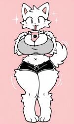 big_breasts boba_tea breast_expansion furry girlkisser huge_breasts motion_lines shorts solo tank_top thick_thighs thigh_expansion thin_waist white_fur