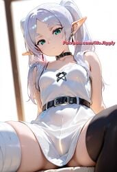 choker covered_naval elf elf_ears elf_female frieren frieren_beyond_journey's_end msjiggly small_breasts sousou_no_frieren spread_legs sunlight white_dress white_hair