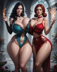 2girls ai_generated big_breasts black_hair breast_to_breast breasts cd_projekt_red curvy_female dress female fire fruitynuns light-skinned_female lingerie looking_at_viewer magic purple_eyes red_hair the_witcher_(series) the_witcher_3:_wild_hunt triss_merigold wide_hips yennefer