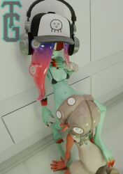 2girls 3d 3d_(artwork) acht_(splatoon) agent_8_(splatoon) barefoot blender blender_(software) blue_hair cunnilingus dedf1sh elevator elevator_sex female/female females gradient_hair green_body green_skin hair_covering_eye hat headphones long_hair looking_at_viewer naked nintendo no_panties no_shoes on_knees red_hair sex shades short_hair splatoon tan_body tan_skin tan_skinned_female tealgerudo visor yuri
