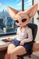 1girls aggressive_retsuko aggretsuko ai_generated female female_only fenneko furry furry_female furry_only nipple_outline office office_lady sitting