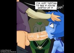 1boy 2girls ass balls big_breasts big_penis blowjob blue_hair blue_skin breasts busty dialogue face_fucking fat_ass fellatio female ffm_threesome gem_(species) green_skin human lapis_lazuli_(steven_universe) large_ass large_breasts lars_barriga male penis peridot_(steven_universe) side_view spakka5 steven_universe text thick_thighs threesome wide_hips