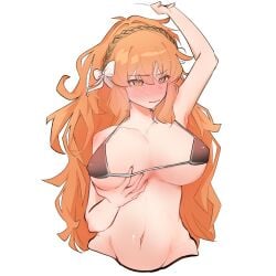 °○°_(artist) 1girls big_breasts bikini blush embarrassed groping groping_self hair_ornament heart-shaped_pupils ishmael_(limbus_company) limbus_company long_hair looking_at_viewer nipple_bulge orange_eyes orange_hair partially_clothed presenting project_moon solo upper_body white_background