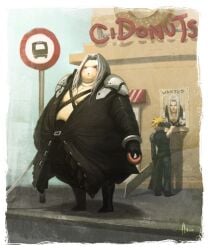 2boys chubby_male clothes_too_small clothing_too_small cloud_strife donut fat fat_man final_fantasy final_fantasy_vii food funny male male_focus obese obese_male poster poster_(object) sephiroth solo_male wanted_poster