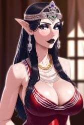 ai_generated black_hair cleavage crown earrings elf eyeshadow female female_focus female_only grey_eyes large_breasts light-skinned_female lipstick long_ears long_hair majorfluffy mature_female medieval milf necklace novelai