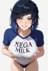 ai_generated bent_over blush breast_grab breasts clothing genshin_impact grabbing_breasts huge_breasts mega_milk panties shiny_skin smirk teeth yelan_(genshin_impact)