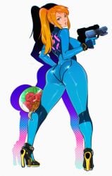 ass blonde_hair bodysuit kukumomo metroid metroid_(creature) pinup samus_aran tagme