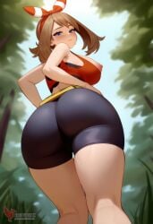 1girls 2d ai_generated areolae ass bandana big_ass bike_shorts breasts brown_hair erophoenix female female_focus full_body large_breasts looking_at_viewer looking_back may_(pokemon) navel nintendo nipples nude outdoors pale_skinned_female patreon_username pokemon solo solo_female sweat thick thick_thighs topless uncensored