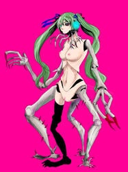 12-gatsu_(snow1046015) 1girls acrylic_paint_(medium) android aqua_eyes bow breasts calne_ca claws doll_joints green_hair guro hair_ornament hair_ribbon hairbow highres long_hair multi_leg multi_limb nipples nude pussy red_background ribbon simple_background solo tied_hair traditional_media twintails very_long_hair vocaloid