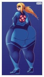 blonde_hair bottom_heavy fat_ass hand_on_hip pear-shaped_figure pear_shaped skullgeist thick_legs thick_thighs zero_suit_samus