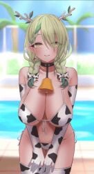 animated antlers braid braided_hair breasts ceres_fauna cow_bell cow_print cow_print_armwear cow_print_bikini cow_print_legwear eka_kinoko green_hair hololive huge_breasts long_hair looking_at_viewer mole mole_under_eye smile thighhighs thighs twin_braids virtual_youtuber yellow_eyes