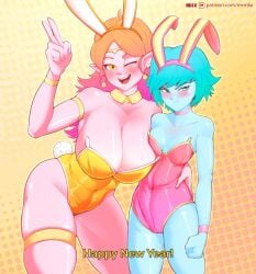 2girls aeos blue_hair blue_skin blush blushing breast_envy bunny_ears bunnysuit chronoa dragon_ball dragon_ball_heroes dragon_ball_xenoverse dragon_ball_z earrings english_text fist_clenched flustered looking_at_viewer looking_back mrmlix pink_skin supreme_kai_of_time tagme thick_thighs time_power_unleashed_form_(dragon_ball) two_fingers_up winking winking_at_viewer yellow_eyes