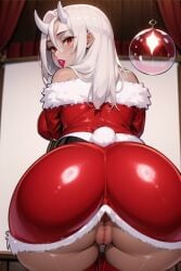 ai_generated calamitas calamity_mod grey_body horns pussy santa_costume santa_dress smile terraria twerking white_hair witch