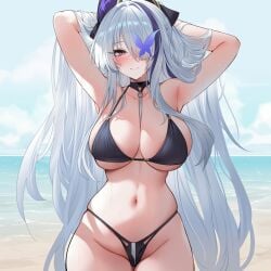 ai_generated arms_behind_head azur_lane beach bikini black_bikini large_breasts long_hair looking_at_viewer navel purple_eyes roxor smile unzen_(azur_lane) white_hair wide_hips